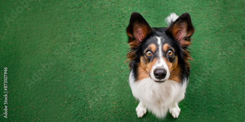  dog sitting on the lawn, top view. Background with copy space.