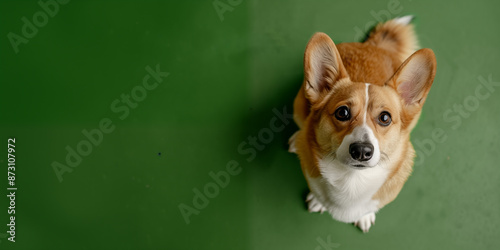 .cute dog sitting on the lawn, top view. Background with copy space.