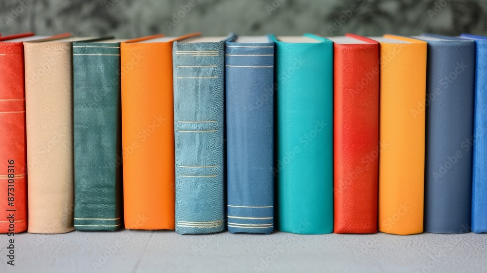 A neat row of colorful academic books on a simple table A neat row of colorful academic books on a simple table