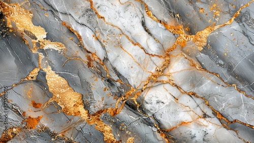 A smooth marble surface with intricate veins of gold and gray running through a white base, luxurious and sophisticated
