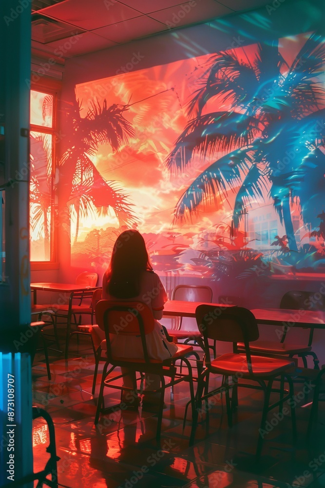 Woman sitting in a cafe on the background of palm trees and sunset Woman sitting in a cafe on the background of palm trees and sunset