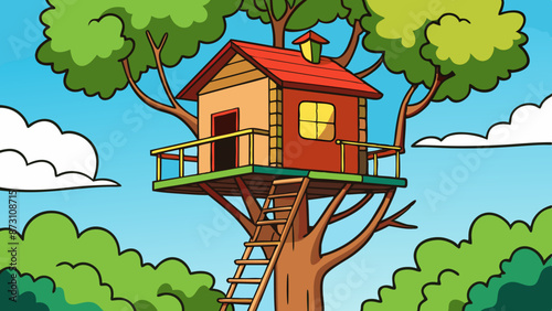 a treehouse high up in a tree 