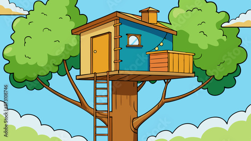 a treehouse high up in a tree 