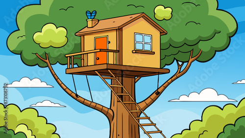 a treehouse high up in a tree 