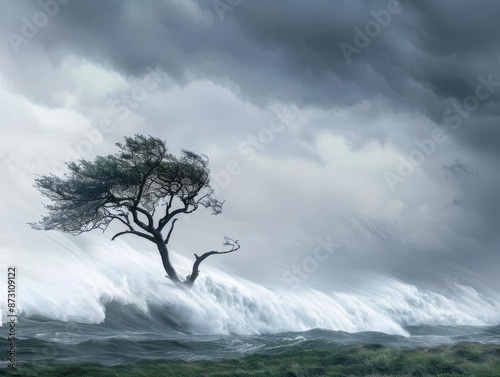 Solitary tree withstands the powerful ocean waves under a stormy sky, symbolizing strength and resilience in a turbulent environment.