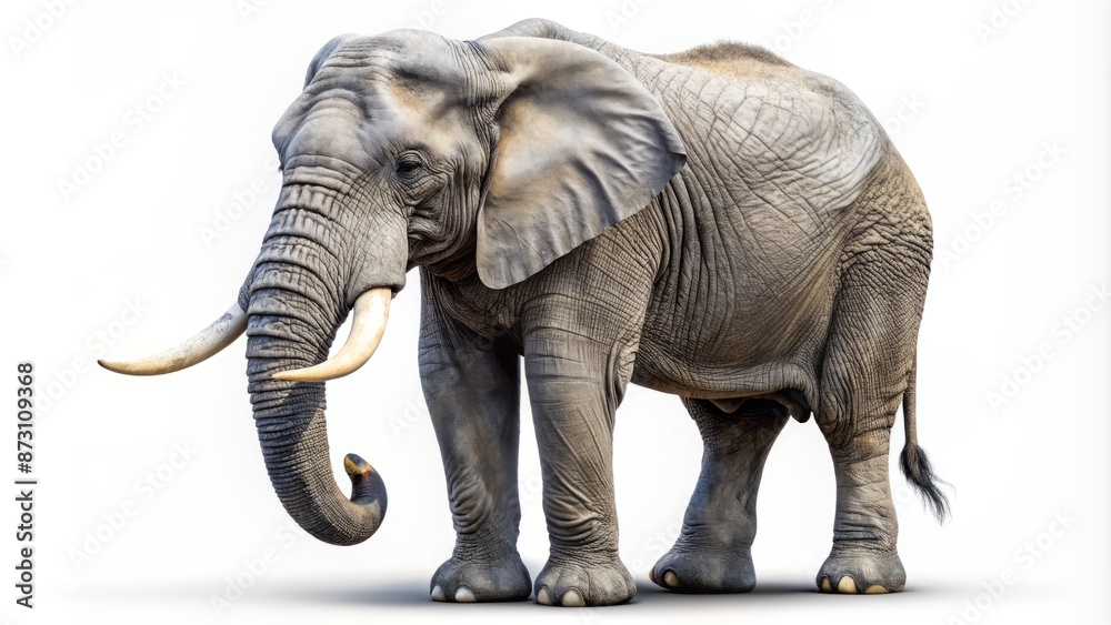Obraz premium Magnificent gray elephant with tusks and wrinkled skin standing solo on a pure white transparent background, no humans present.