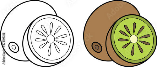 Cartoon Kiwi Fruit Whole and Half Clipart Set - Outline and Color