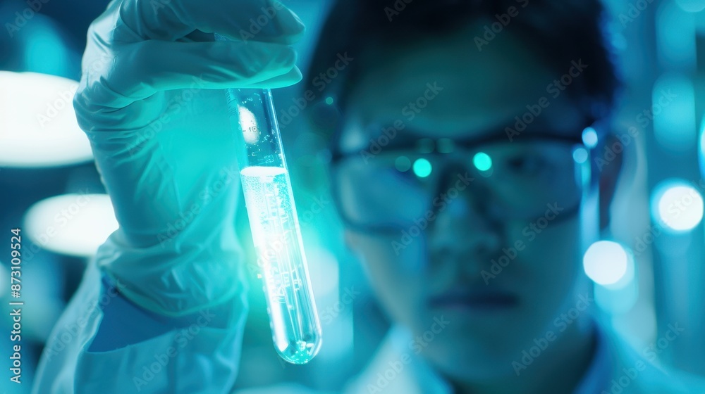 Scientist examining a glowing test tube in a lab, demonstrating research and experimentation under advanced laboratory conditions. Scientist examining a glowing test tube in a lab, demonstrating research and experimentation under advanced laboratory conditions.