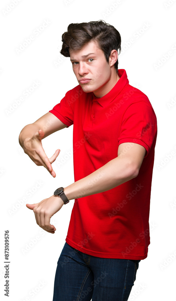 Young handsome man wearing red t-shirt over isolated background In hurry pointing to watch time, impatience, upset and angry for deadline delay Young handsome man wearing red t-shirt over isolated background In hurry pointing to watch time, impatience, upset and angry for deadline delay