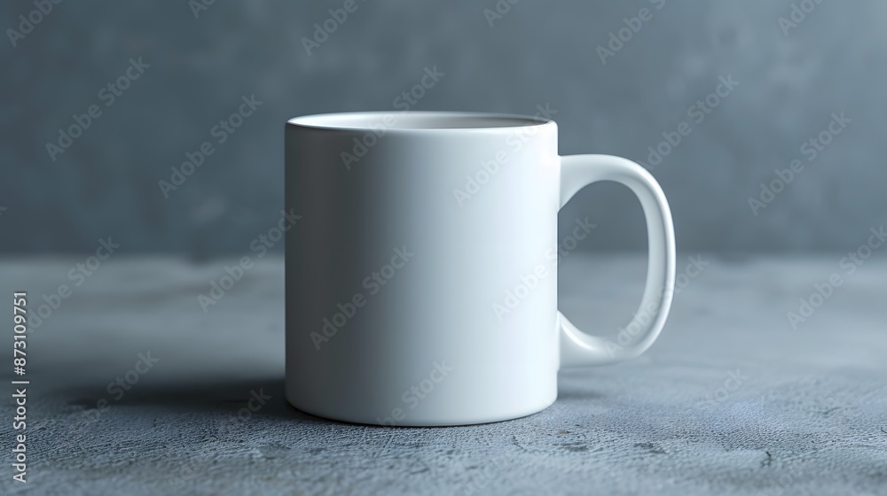 Obraz premium Minimalist Ceramic Mug on Soft Gray Surface, Side View, Flat Lay. Emphasize the clean lines and minimalist design, capturing the essence of contemporary tableware.