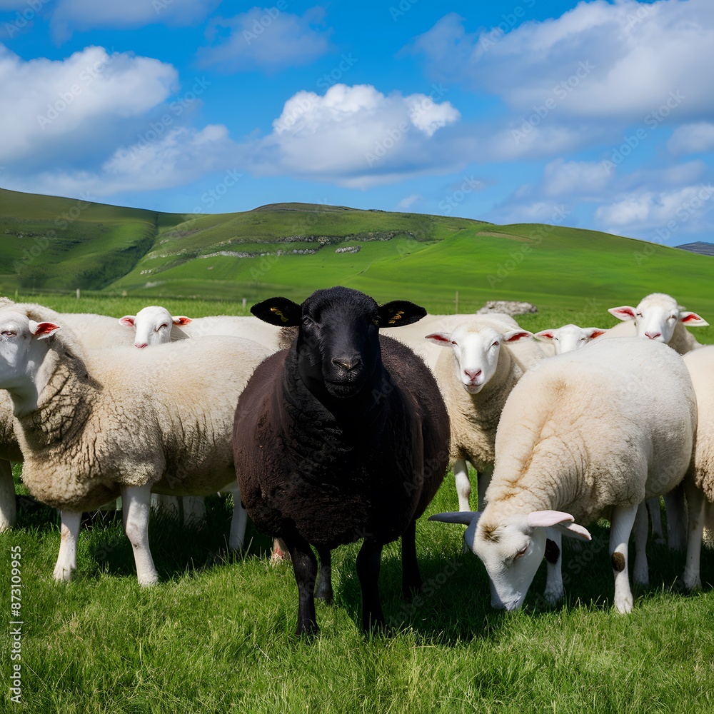 Black sheep among white sheep in lush green meadow under blue sky For Social Media Post Size Black sheep among white sheep in lush green meadow under blue sky For Social Media Post Size