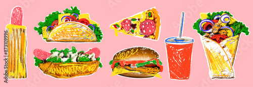 Colorful trendy set of fast food stickers with halftone effect and children's scribbles of pencil, chalk or markers, rough texture, torn paper. Pizza, burger, hot dog, taco in retro collage style.