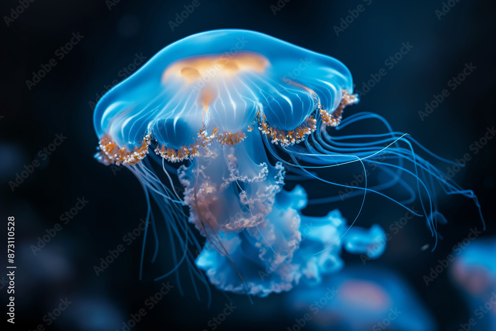 Fototapeta premium Jellyfish Sea Nettle (Chrysaora pacifica) poisonous jellyfish in deep sea black background.