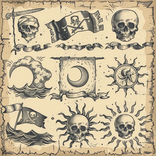 A vintage map with sun. moon. wind and tsunami with water swirls. A pirate map with skull. captain's hat with pennant flag, treasure island with corsairs sailing. photo