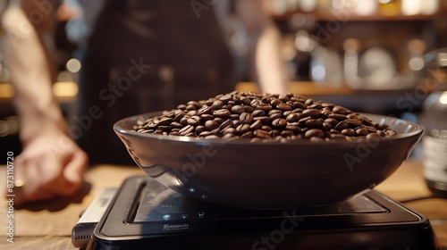 Wallpaper Mural coffee beans on a scale, ready for brewing, with a baristas hands in the background Torontodigital.ca