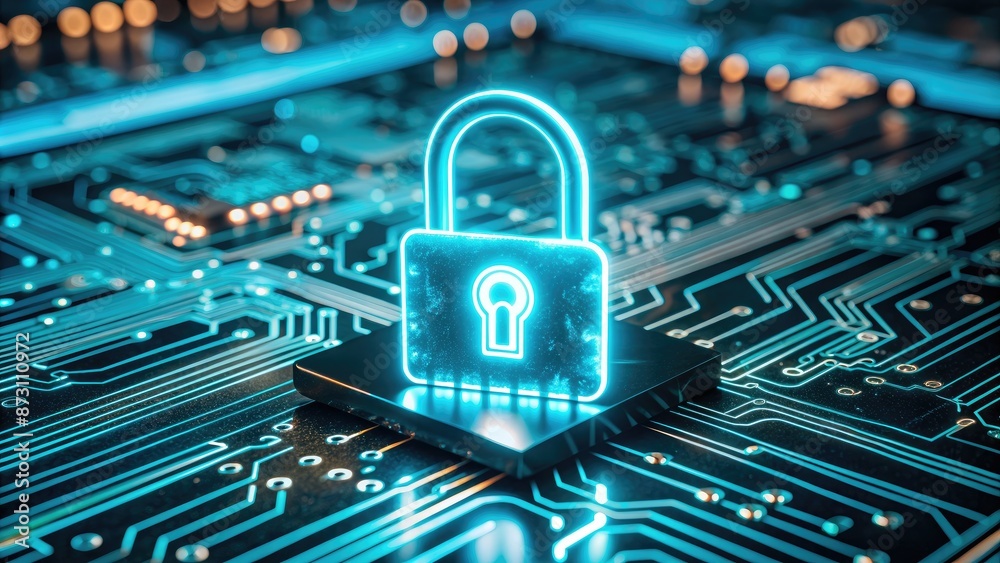 glowing blue neon lock icon on digital circuit board background, illustrating cyber security and data protection concepts, technology, digital security and IT infrastructure glowing blue neon lock icon on digital circuit board background, illustrating cyber security and data protection concepts, technology, digital security and IT infrastructure