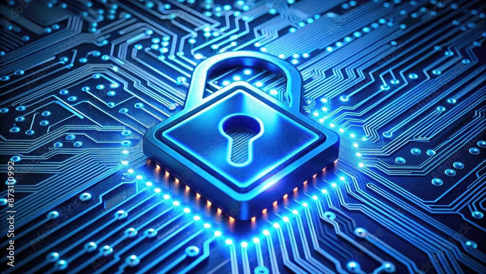 glowing blue neon lock icon on digital circuit board background, illustrating cyber security and data protection concepts, technology, digital security and IT infrastructure