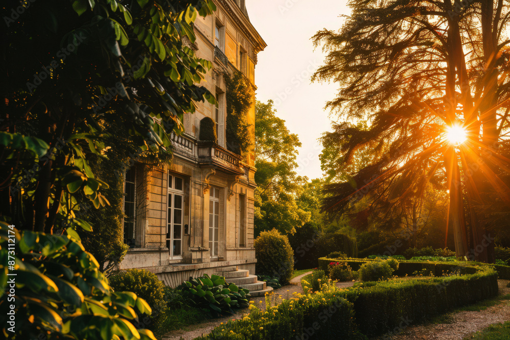 classic French chateau in the countryside. The chateau ia surrounded by lush gardens and trees, with the sun setting creating a warm, golden light classic French chateau in the countryside. The chateau ia surrounded by lush gardens and trees, with the sun setting creating a warm, golden light