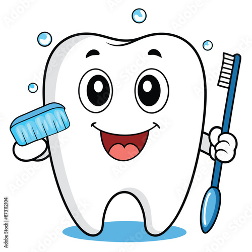 tooth with toothbrush, Cute Tooth Brushing Cartoon Vector Illustration