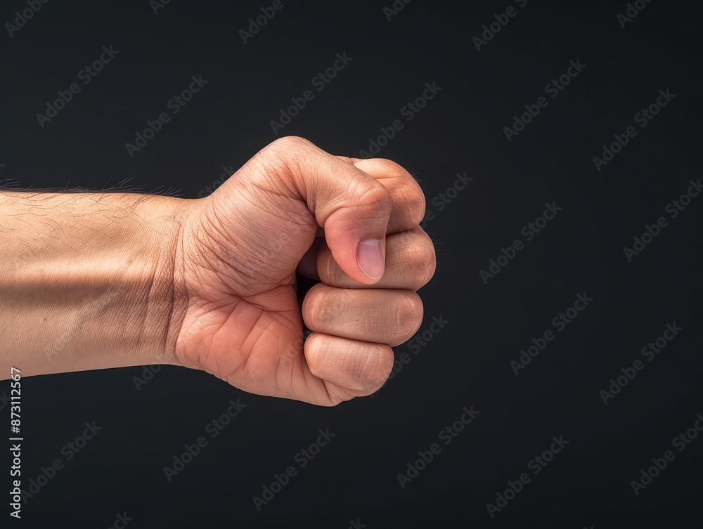 Close-up of a clenched fist against a dark background, symbolizing strength, power, and determination. Perfect for motivational and inspirational themes. Close-up of a clenched fist against a dark background, symbolizing strength, power, and determination. Perfect for motivational and inspirational themes.