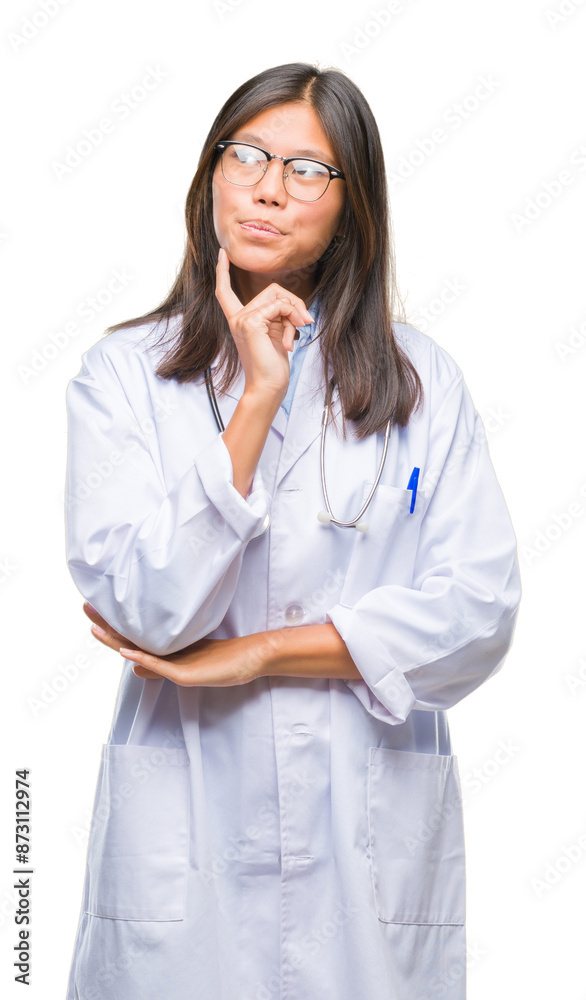 Young asian doctor woman over isolated background with hand on chin thinking about question, pensive expression. Smiling with thoughtful face. Doubt concept. Young asian doctor woman over isolated background with hand on chin thinking about question, pensive expression. Smiling with thoughtful face. Doubt concept.