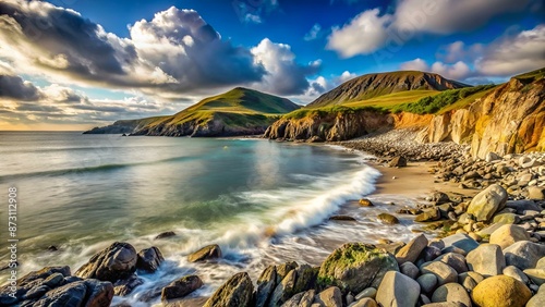 Rocky coastline No 7, looking towards the Llyn Peninsula from near Morfa Dyffryn, Wales, UK, Static Camera, 20 Second version photo