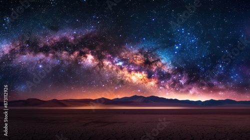 Breathtaking view of the Milky Way galaxy over a desert landscape at night, showcasing the beauty of the natural world and the vastness of the universe.