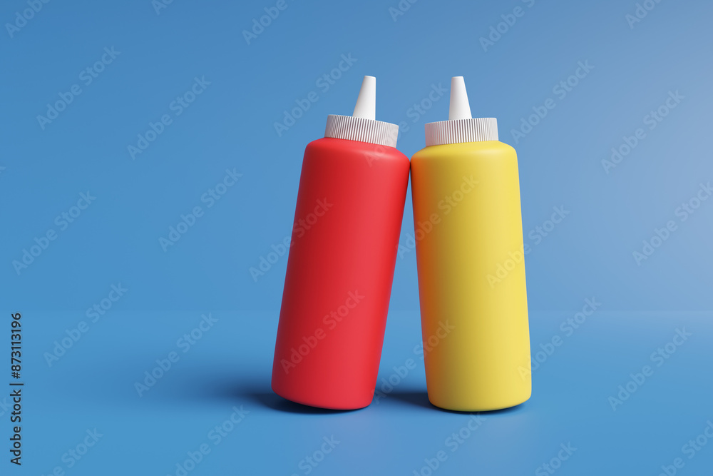 Red ketchup and yellow mustard sauce bottles on blue background. Illustration of the concept of condiments and fast food restaurants Red ketchup and yellow mustard sauce bottles on blue background. Illustration of the concept of condiments and fast food restaurants