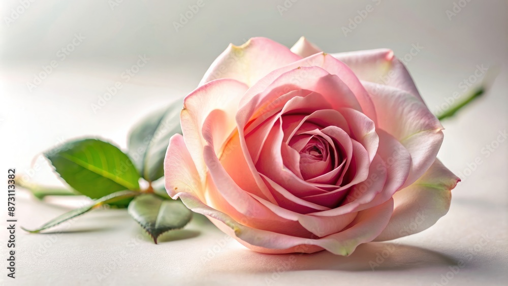 A solitary, delicate pink rose with velvety petals and subtle sheen rests serenely against a pristine, creamy white backdrop. A solitary, delicate pink rose with velvety petals and subtle sheen rests serenely against a pristine, creamy white backdrop.