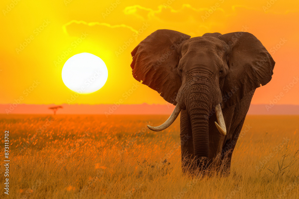 Naklejka premium majestic African elephant in its natural habitat. The elephant should be in a grassy savanna, with a warm, orange glow from the setting sun to create a dramatic effect