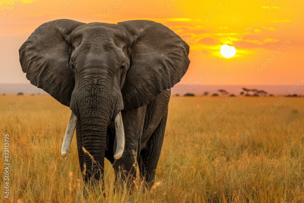 Fototapeta premium majestic African elephant in its natural habitat. The elephant should be in a grassy savanna, with a warm, orange glow from the setting sun to create a dramatic effect