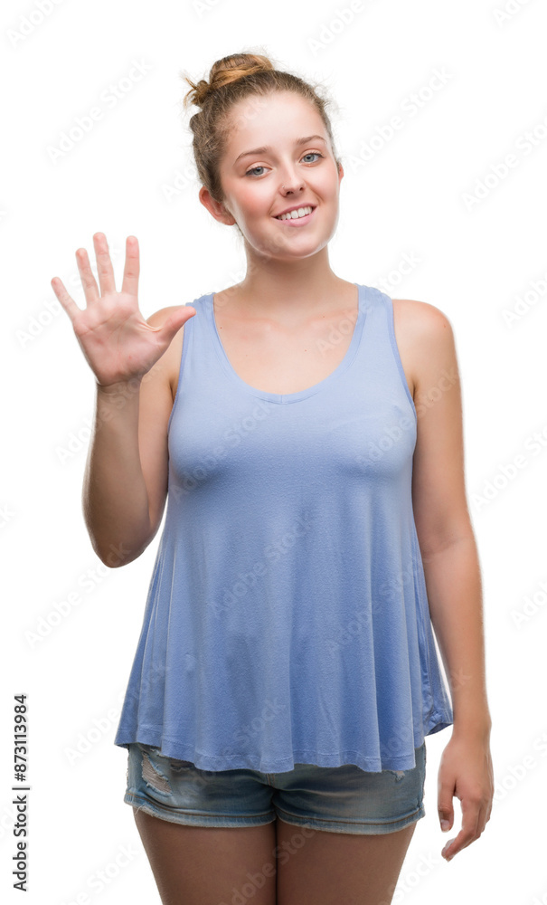 Young blonde woman showing and pointing up with fingers number five while smiling confident and happy. Young blonde woman showing and pointing up with fingers number five while smiling confident and happy.