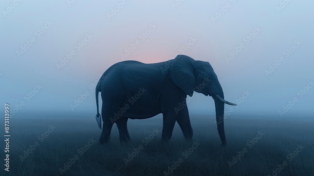 Fototapeta premium A solitary elephant walking through a misty landscape at dawn, with a serene and mysterious ambiance
