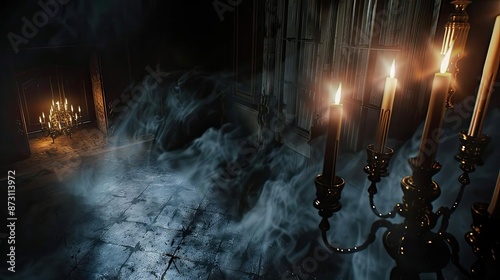 Candlelit gothic room filled with eerie smoke and shadows, creating an atmosphere of mystery and haunting elegance. photo