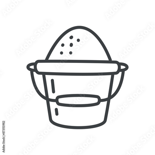 Cute toy bucket icon. Hand drawn monochrome illustration of a plastic bucket with sand isolated on a white background. Vector 10 EPS.