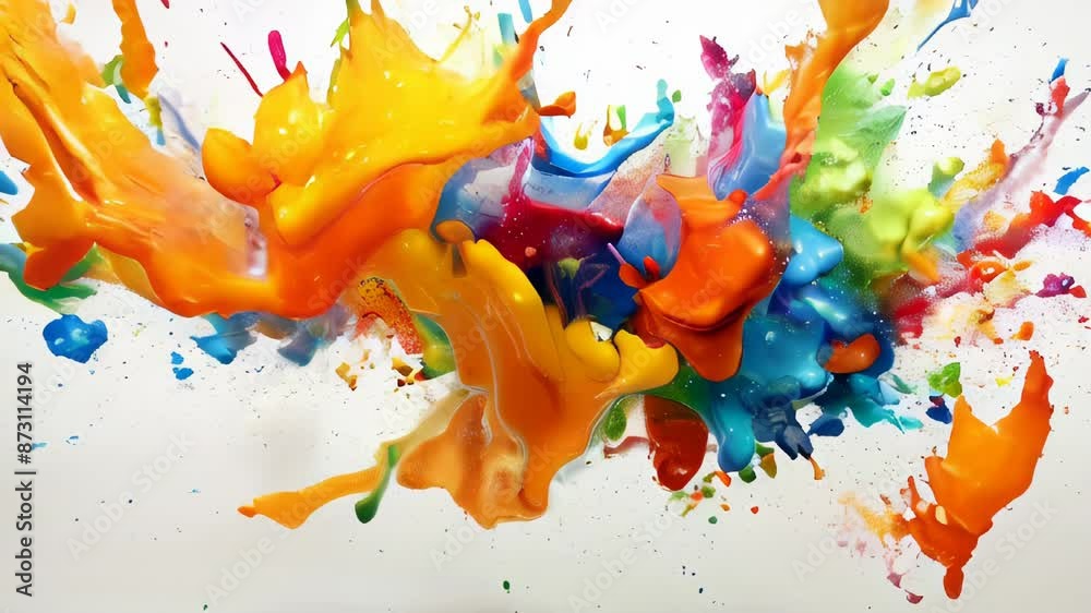 Abstract vibrant multicolor wet paint splash of drops isolated on white background