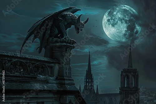 Gargoyle perched on a gothic building against a moonlit night sky, with dark clouds and a full moon in the background.