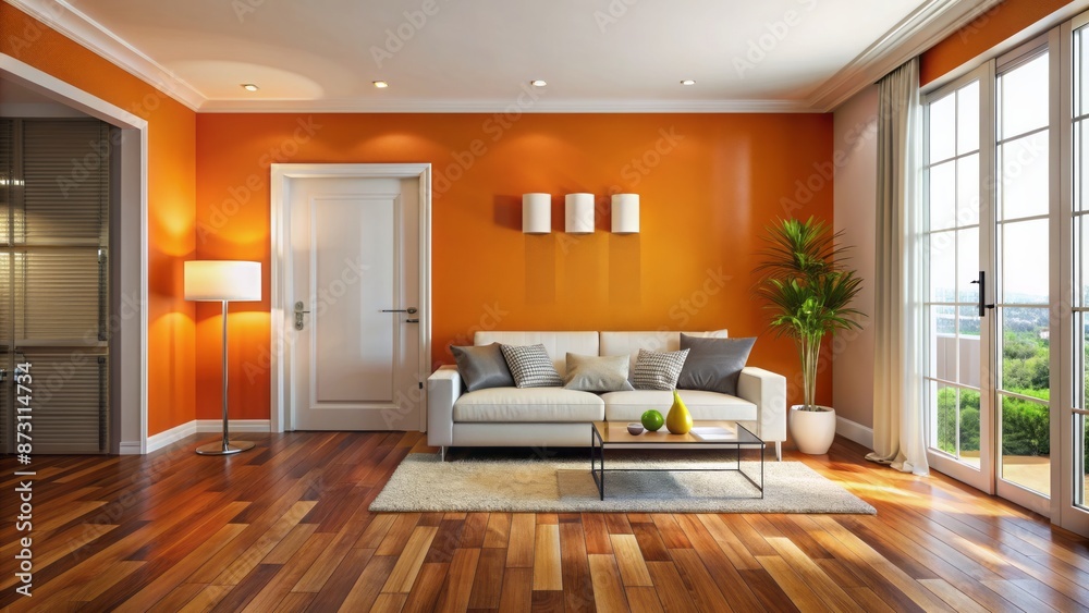 Fototapeta premium Vibrant orange accent wall complements modern living room with white door, sleek sofa, and rich brown parquet wood flooring design.