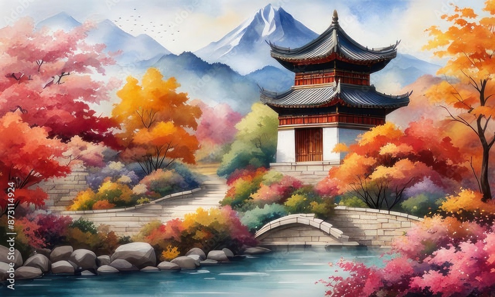 Mystical landscape where a Large Arched Bridge spans a Vivid Mirror like pond surrounded by vibrant flowers of all colors and vibrant twisted trees of red and green sunbeams breaking through Mystical landscape where a Large Arched Bridge spans a Vivid Mirror like pond surrounded by vibrant flowers of all colors and vibrant twisted trees of red and green sunbeams breaking through