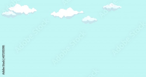 Animation of old style pixel game. Pixel art game background. Ground, grass, sky, tree, clouds and stars. Pixel art Game Design 8 bit video vector. Old school background for game.	