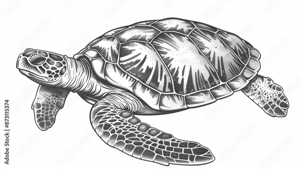 Fototapeta premium Isolated monochrome sketch of a wood turtle. Modern caretta ocean terrapin, aquarium pet and sea reptile mascot. Loggerhead sea turtle, reptile and nautical tortoise.