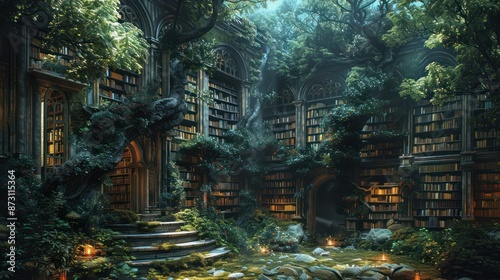 Enchanted Abandoned Library: Digital Fantasy Illustration of Overgrown Bookshelves and Mysterious Atmosphere © hisilly