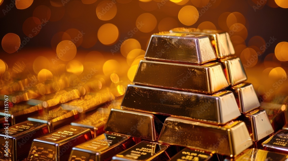 Golden Wealth, Stack of gold bars with sparkling lights, Financial Security Golden Wealth, Stack of gold bars with sparkling lights, Financial Security