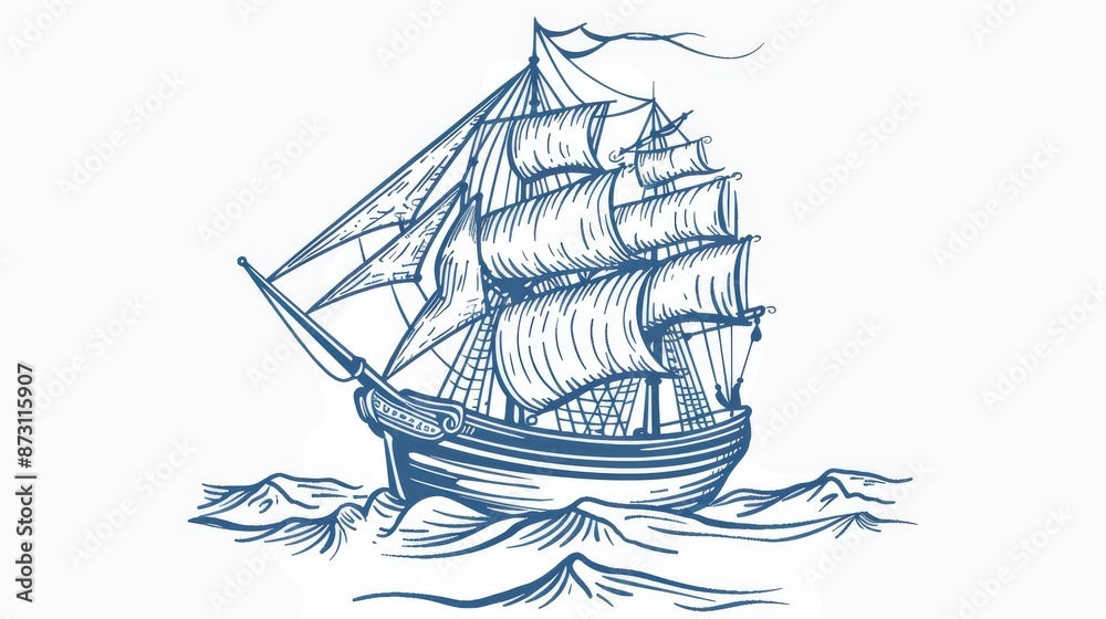 Naklejka premium Modern nautical vessel galeon, sailboat war ship on sea, on waves around a brigantine.