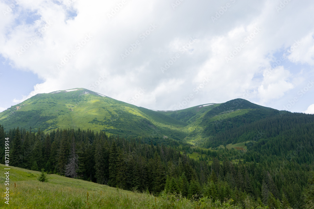 Fototapeta premium beautiful landscape in the mountains silhouettes of peaks, forest, trees,sun rays, travel, in green tones, Carpathian, blue clouds, green grass, hiking in the mountains, poster, wallpaper