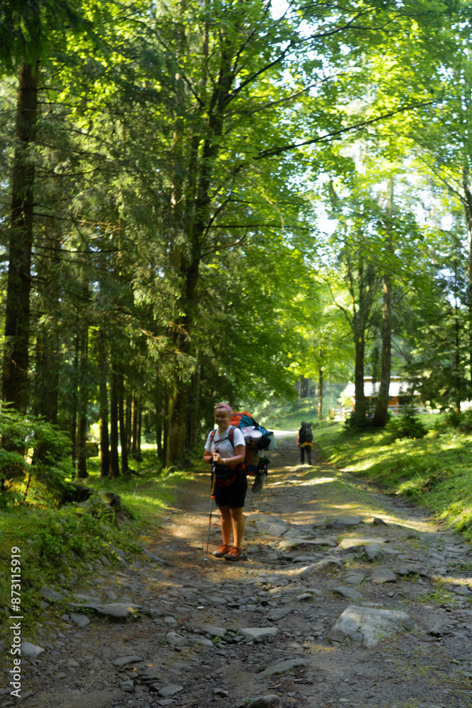 Obraz premium female tourist with a big backpack walks in the forest, tourism, hiking, active recreation, walks in the fresh air, weekends