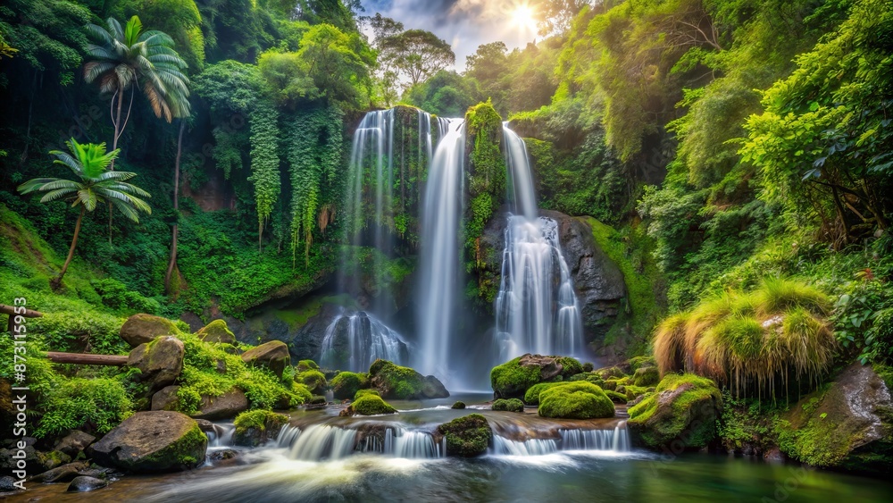 Obraz premium Majestic tropical waterfall cascades down moss-covered rocks surrounded by lush greenery and vines in a serene jungle landscape atmosphere.