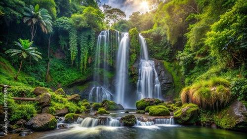 Majestic tropical waterfall cascades down moss-covered rocks surrounded by lush greenery and vines in a serene jungle landscape atmosphere.