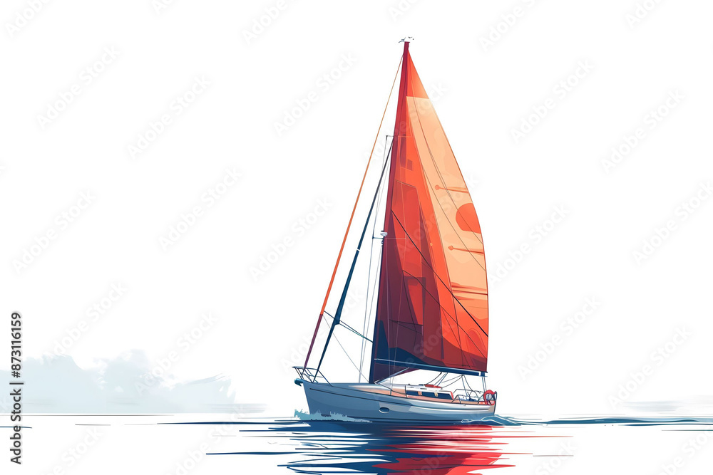Fototapeta premium A vibrant sailboat glides over calm water with a stunning red sail against a clear sky, symbolizing adventure and freedom.