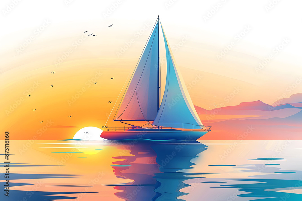 Fototapeta premium Sailing boat on calm water at sunset, mesmerizing sky with vibrant colors, peaceful horizon, serene scene perfect for relaxation or travel themes.